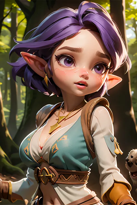 little kid zelda, short hair, large breast, thick lips, big lips, purple hair, purple eyes, open mouth, cleavage, lean forward, ...