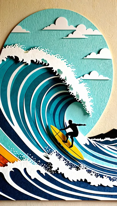 Flying surfer and surfboard, raging waves pipeline, patchwork paper cutout art