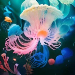 jellyfish with white and pink tentacles floating in the ocean, jellyfish, transparent jellyfish, jelly fish, jelly fish dancing, phoenix jellyfish, translucent glowing jellyfish, sea like jelly, jellyfish gelatin, blue jellyfish, glowing jellyfish, jellyfi...