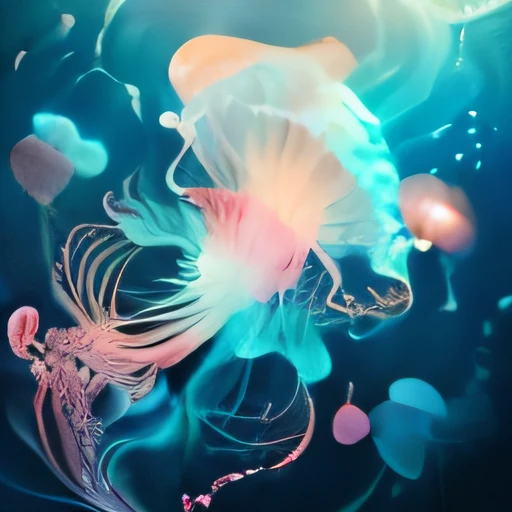 jellyfish with white and pink tentacles floating in the ocean, jellyfish, transparent jellyfish, jelly fish, jelly fish dancing, phoenix jellyfish, translucent glowing jellyfish, sea like jelly, jellyfish gelatin, blue jellyfish, glowing jellyfish, jellyfi...