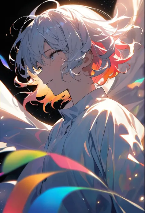 man poster art、profile、Bust up shot、Put both arms out in front、Reach out for something、A sweet smile with narrowed eyes、Eyes gazing into the distance、Slightly parted lips、Slightly curly ear-length hair、Hair blowing in the wind、Everything from hair to cloth...