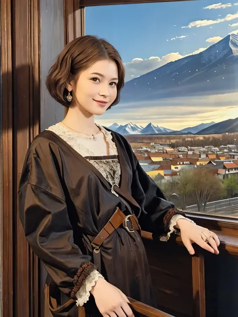 298 (20-year-old woman,Short Bob Hair), (A kind smile), (colorful), (The view outside the window), (Majestic Mountain々), (Rembrandt painting), (Stable)