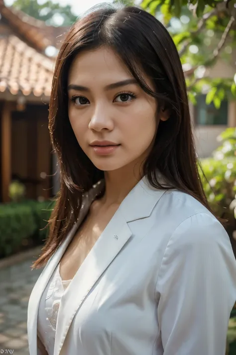 A beautiful Thai-Chinese woman in a formal business suit, half portrait, professional photography, beautiful house in the background, good natural lighting, (best quality,4k,8k,highres,masterpiece:1.2),ultra-detailed,(realistic,photorealistic,photo-realist...