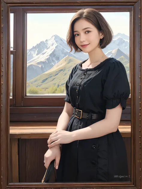 298 (20-year-old woman,Short Bob Hair), (A kind smile), (colorful), (The view outside the window), (Majestic Mountain々), (Rembrandt painting), (Stable)