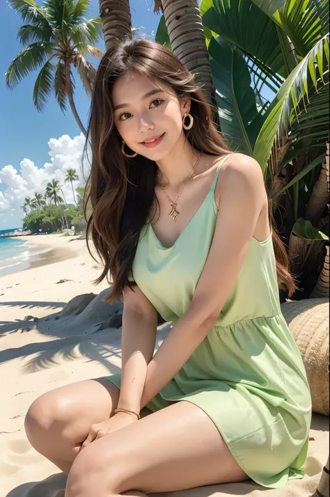 One chica、Semi-long hair brown hair、Earrings、necklace、Light green dress、flip flops、Palm tree in the background、Beautiful sandy beach、Sitting on the beach、Perfect body lines、A kind smile、looking at the camera