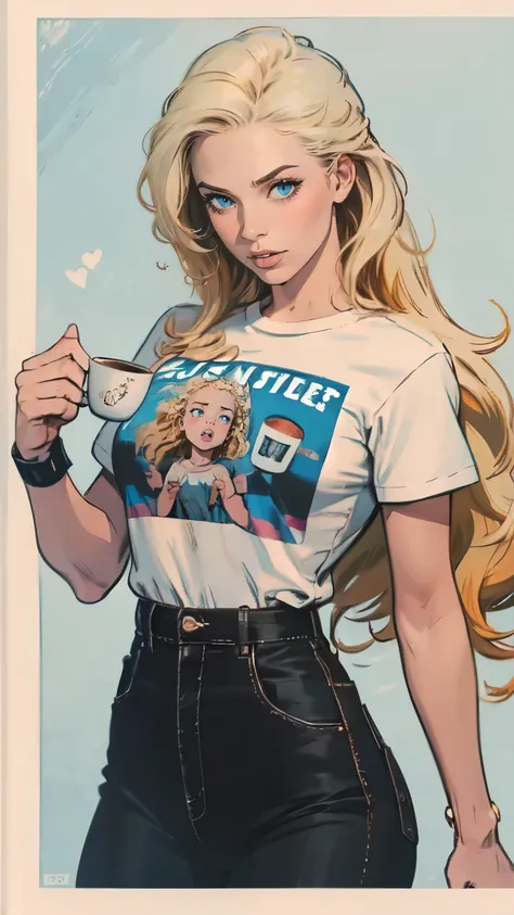 Metal Family, girl, , blonde, unruly long hair, with blue eyes, attractive, athletic build, wearing a coffee T-shirt, tight-fitting black trousers, wristbands.