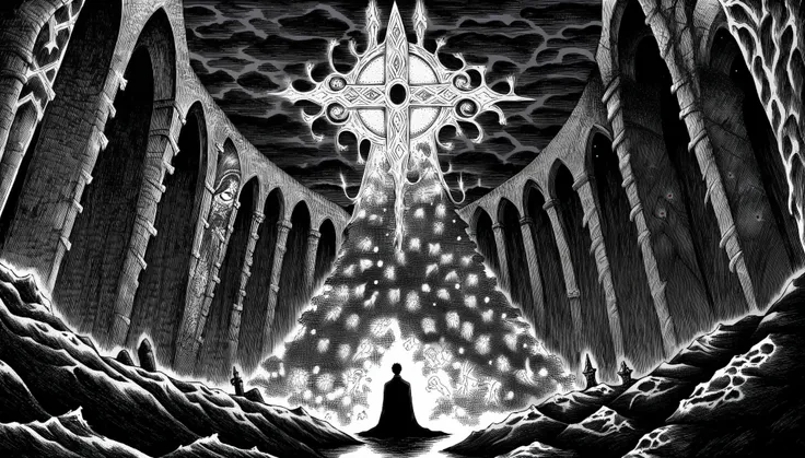 score_9, score_8_up, score_7_up, score_6_up, a black-and-white image manga berserk style image of a towering, ancient cathedral stands alone on a barren plain, its spires twisted and reaching unnaturally toward the dark sky. The stone walls are cracked and...