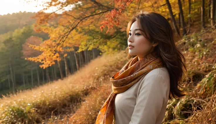 Look from afar,Asian girl, The face is a little narrow,Walk looking ahead,Vibrant autumn foliage swirls, 긴 brown hair, My hair flutters in the gentle breeze.,(big breasts), (Upper body side view shot),Golden eyes reflecting the colors of the sunset, Cozy s...