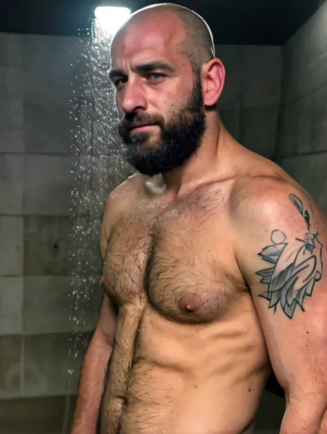 full body, wide shot, very hairy, bearded, italian, bald, male, wet body, football player,
walking, shirtless, very hairy chest, high resolution, nsfw ruggedly handsome, masterpiece,
best quality, 1man, 4, naked, nude, nsfw, rough, (colored shower backgrou...