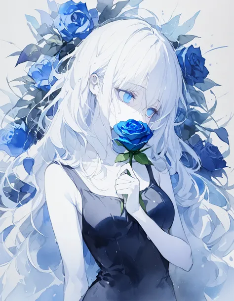 1 female, white hair, semi long hair,messy hair, blue eyes,white skin,empty eye, cold face,albino,from front, looking away,From the chest up,(Holding a single blue rose),focus face,((black nair polish)),((Surrounded by blue roses)),bare arms, black dress,r...