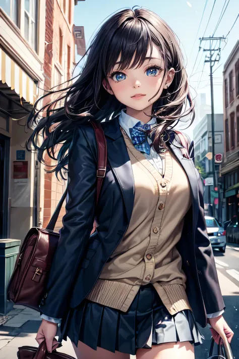 very cute and beautiful girl,teen,(highly detailed beautiful face and eyes),
(blue blazer , pleated mini skirt),standing in front of cake shop show window,
(smile:1.2),cowboy shot,holding school bag,hair pin,black hair,downtown street,
(best quality,master...