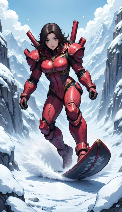 high details, best quality, 16k, [best detailed], masterpiece, best quality, (extremely detailed), photorealistic, fantasy art, RPG art, a picture of a mech girl, wearing red mech suit, surfing in the snow, epic beautiful human woman (best details, Masterp...