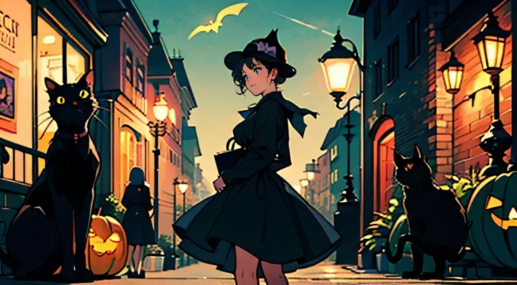 One very beautiful girl、Black Dress、Big Tits、Looking at the audience、The background is a retro brick streetscape、The gas lamp glows dimly、He is accompanied by a black cat.、Halloween pumpkin、