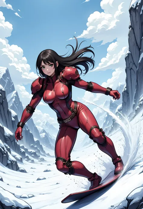 high details, best quality, 16k, [best detailed], masterpiece, best quality, (extremely detailed), photorealistic, fantasy art, RPG art, a picture of a mech girl, wearing red mech suit, surfing in the snow, epic beautiful human woman (best details, Masterp...