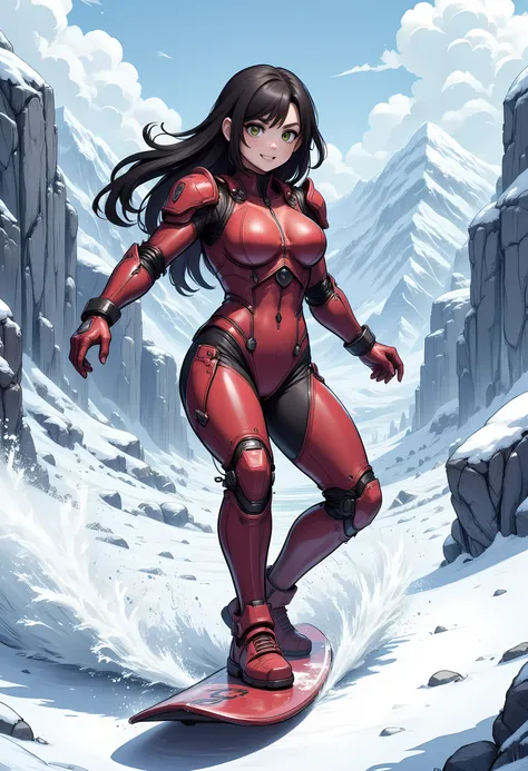 high details, best quality, 16k, [best detailed], masterpiece, best quality, (extremely detailed), photorealistic, fantasy art, RPG art, a picture of a mech girl, wearing red mech suit, surfing in the snow, epic beautiful human woman (best details, Masterp...