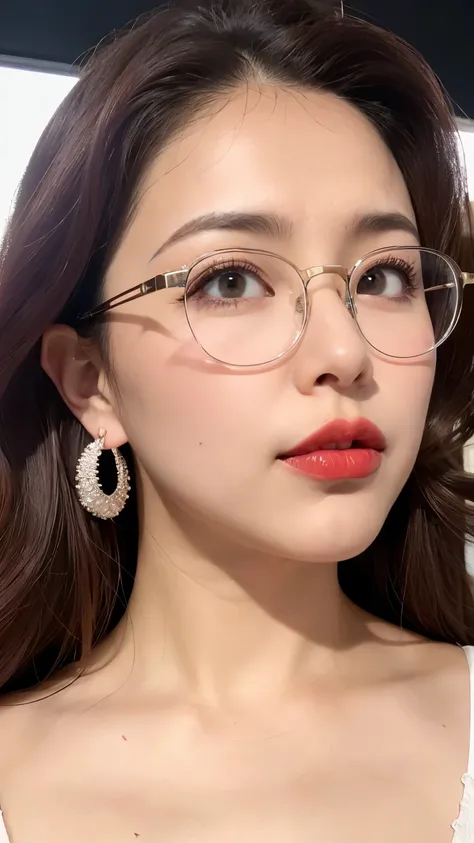 Slightly curly hair, Rimless Glasses, Small spots under the corners of the mouth, / Note Lilac Earrings, Close your mouth a little, Red lips, Surrealism, Attention to detail, Strong chiaroscuro, Film Grain, Panorama, Ultra-high resolution, Accurate, Textur...