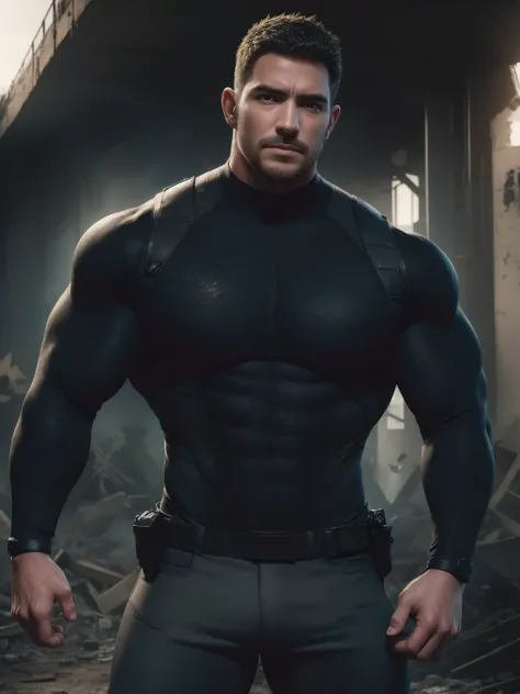 Angry super Muscular man,  Flat head，Ruins in abandoned city, Wear a long-sleeved Spider-Man bodysuit, Tech bionic compression tights，Cream denim texture，His expression was arrogant, Lift your chin, Messy hair, Thick thighs, High target Neck Long Sleeve Gr...