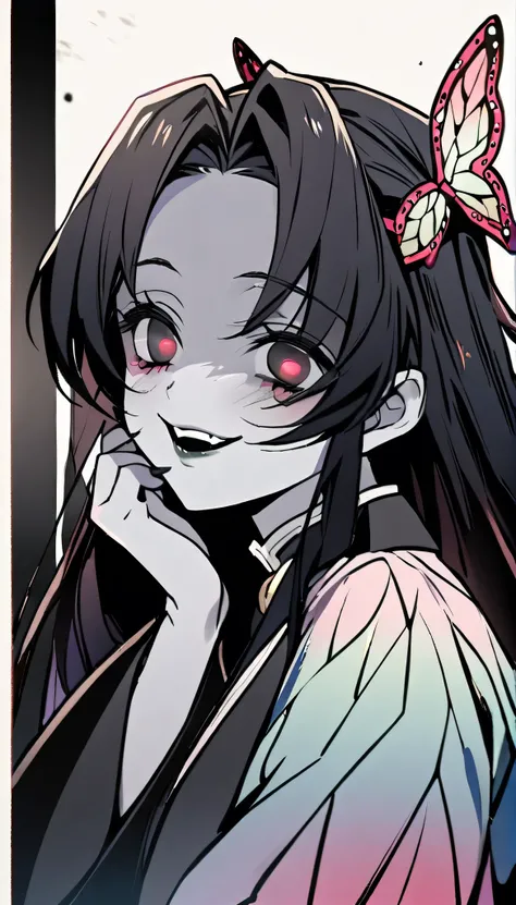 1girl, solo, kochou kanae, kimetsu no yaiba, demon, evil, evil side, black eyes, gray skin, demon eyes, black dress, smile, 