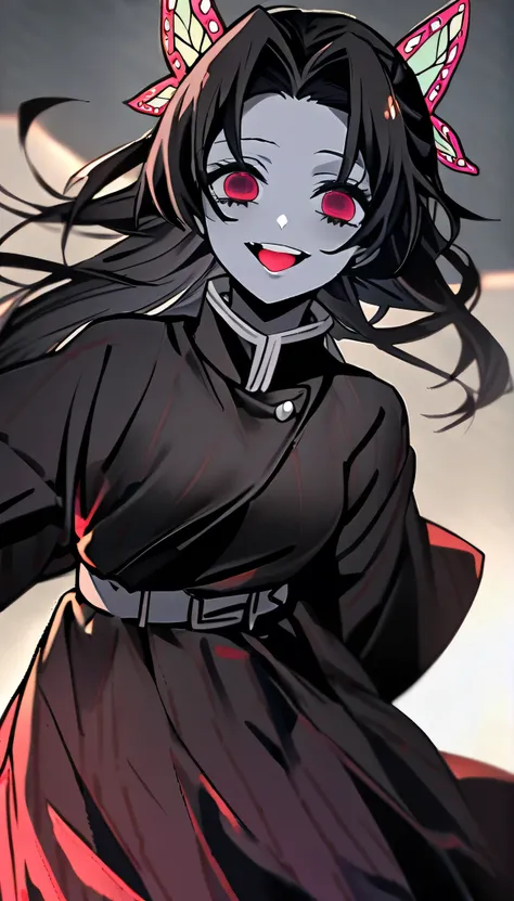 1girl, solo, kochou kanae, kimetsu no yaiba, demon, evil, evil side, black eyes, gray skin, demon eyes, black dress, smile, 