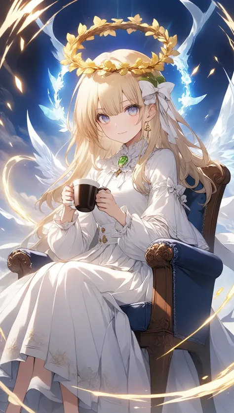 Anime girl sitting on a chair with a coffee cup in her hand, Alchemist Girl, Light novel cover art, official art, Epic light novel art cover, Official artwork, epic Light novel cover art, change, isekai, small curve change, Kushat Wreath, Kshat Krentz Key ...