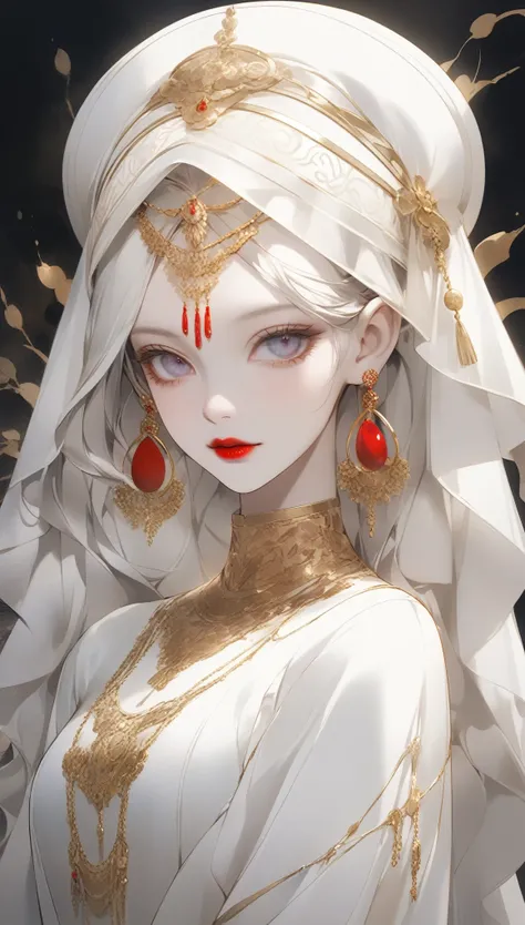 Arabian woman wearing a white hat and dress and red lipstick, pale Porcelain white skin, Gwaiz, Gwaiz masterpiece, artwork in the style of Gwaiz, Soft portrait shot 8k, Pale young ghost girl, Porcelain white skin, By Russell Dongjun Lu, Pale milky porcelai...