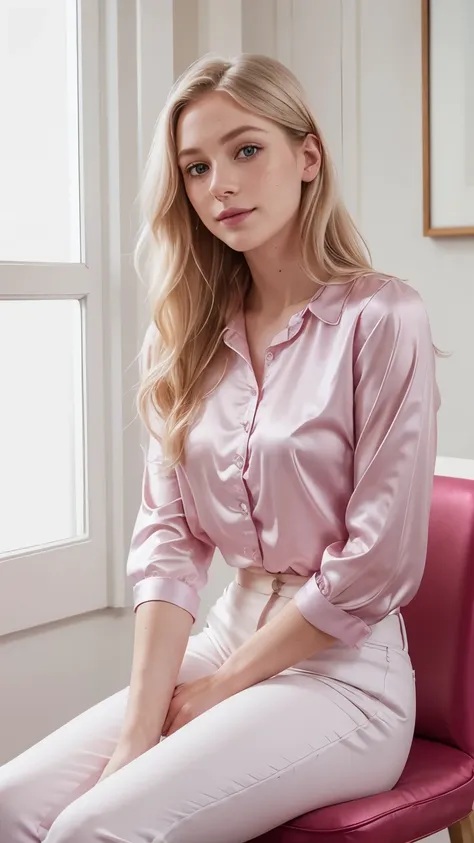 a woman in a magenta satin shirt and white pants sitting down, woman, americana, age 30, pale skin and freckles, gray eyes, deli...