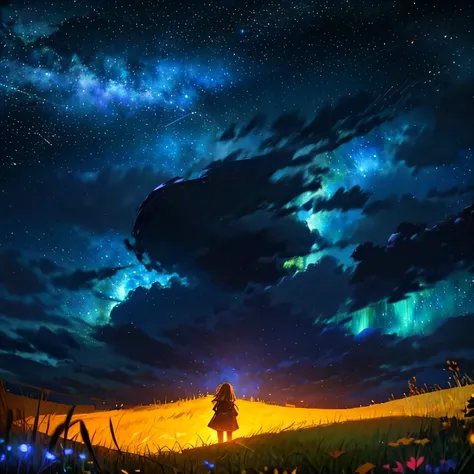 Describe a scene with a cute female character lying on a grassy hill.., Looking at the starry sky. Surround her with colorful nebulae and her favorite constellations..