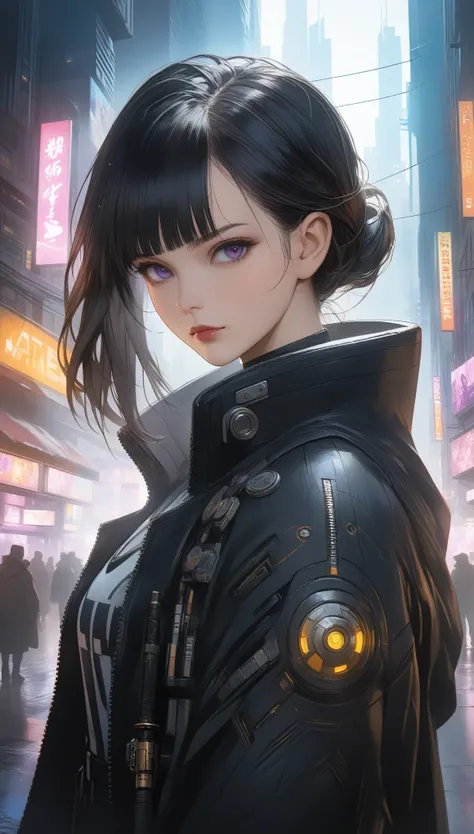 Beautiful woman, An anti-hero in a black and purple uniform, Laser katana sword in hand, White skin, Long black hair, Portrait, Jeff Bridges, ((Cartoon Style)), Marvel Cinematic Universe Style, (((Cyberpunk city background))), Soft bokeh of a futuristic ci...