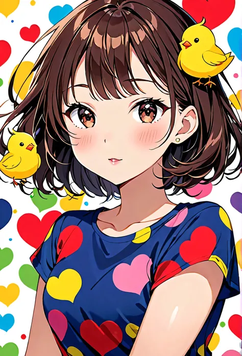 Ultra-realistic Yayoi Kusama colorful style, Simple lines acronym abstract art，(((The most beautiful woman of all time))), (((Chibi))), Colorful hearts, Cute design, Sports Fashion, Dark Eyes,  (((Cute chick)))