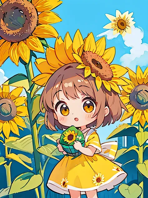 Sakura Momoko style, Cute design, The most beautiful girl of all time、Chibi、(((Sunflower)))、Midsummer Sun, fun