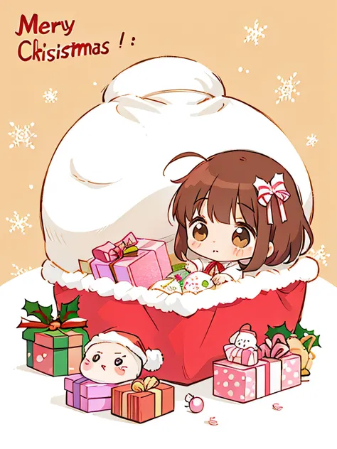 Sakura Momoko style, Cute design, The most beautiful girl of all time、Chibi、(((Christmas presents)))、Santa Claus