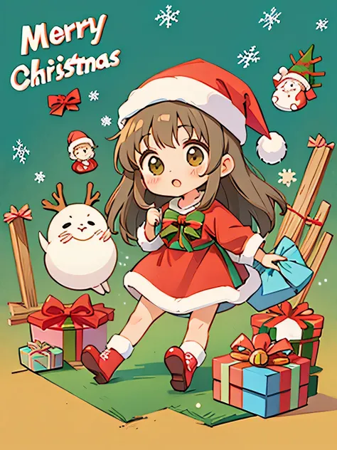 Hayao Miyazaki style, Cute design, The most beautiful girl of all time、Chibi、(((Christmas presents)))、Santa Claus