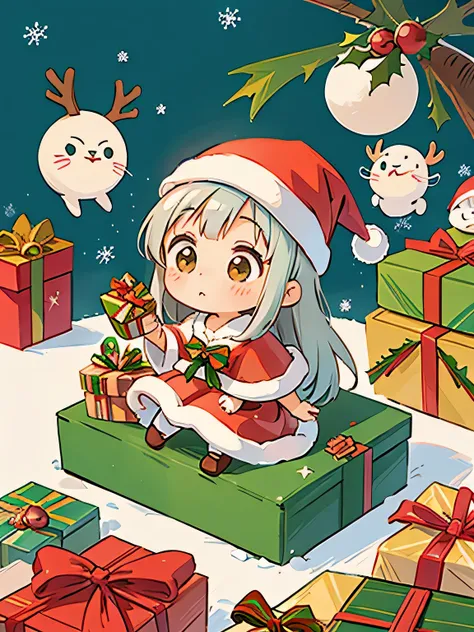 Hayao Miyazaki style, Cute design, The most beautiful girl of all time、Chibi、(((Christmas presents)))、Santa Claus