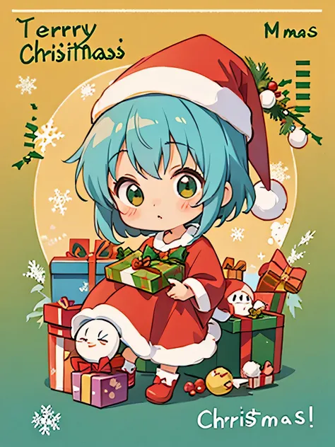 Hayao Miyazaki style, Cute design, The most beautiful girl of all time、Chibi、(((Christmas presents)))、Santa Claus