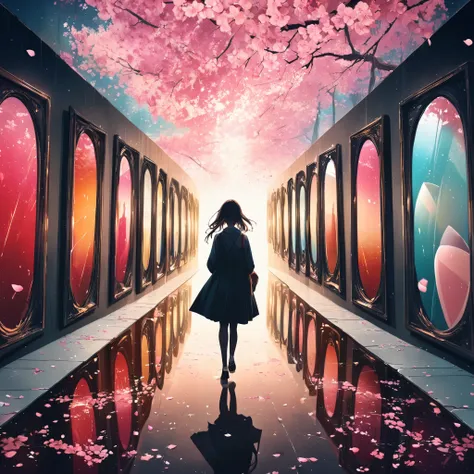 Create a surreal scene of a Japanese female student walking through a tunnel of mirrors. Each reflection shows a different emotion or memory, with some mirrors cracked or shattered. Cherry blossom petals and crystalline hearts float in the space between mi...