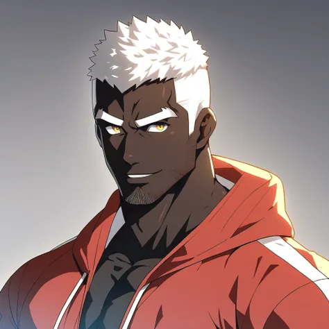 anime characters：Gyee, Young Muscle Sports Sexy Teacher, negro black skin, Manliness, male focus, Dark red long-sleeved hooded sweatshirt, Very tight, muscular male, muscular, only, Upper body, alone, White short hair, Thick eyebrows, stubble, Yellow eyes,...