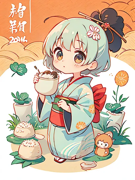 Hayao Miyazaki style, Cute design, The most beautiful girl of all time、Chibi、(((Long-sleeved kimono)))、Rice cake, New Year