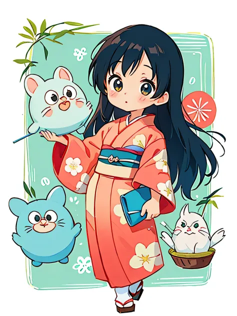 Hayao Miyazaki style, Cute design, The most beautiful girl of all time、Chibi、(((Long-sleeved kimono)))、Doraemon