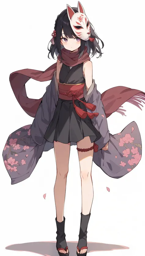 girl, full body, full face fox mask, braid hair, black hair, claret eyes, small chest, long scarf, dark slategray ninja outfit sleeveless, dark slategray kimono short skirt, medium violet red cherry blossom pattern kimono cardigan, white background, simple...