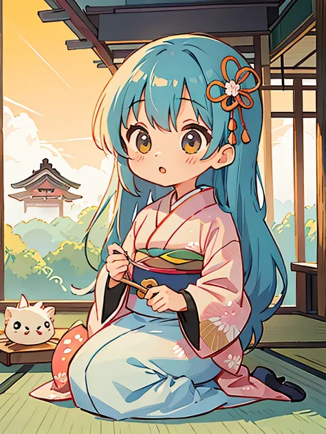 Hayao Miyazaki style, Cute design, The most beautiful girl of all time、Chibi、(((Long-sleeved kimono)))、sunrise