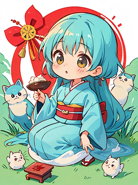 Hayao Miyazaki style, Cute design, The most beautiful girl of all time、Chibi、(((Long-sleeved kimono)))、shrine, 