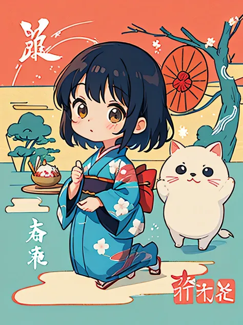 Hayao Miyazaki style, Cute design, The most beautiful girl of all time、Chibi、(((Long-sleeved kimono)))、New Year’s in Japan