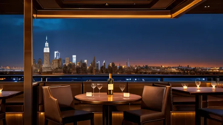 Create a luxurious rooftop bar with a view of a city skyline at night. The bar interior should feature elegant leather chairs and modern hanging lights. In the background, the iconic Empire State Building and other skyscrapers should be illuminated against...