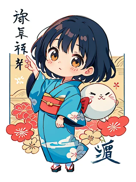 Hayao Miyazaki style, Cute design, The most beautiful girl of all time、Chibi、(((Long-sleeved kimono)))、happy new year Japan