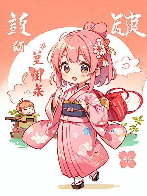 Momoko Sakura style, Cute design, The most beautiful girl of all time、Chibi、(((Long-sleeved kimono)))、happy new year Japan