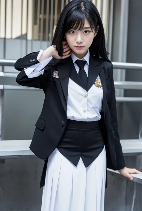 One girl, Black Hair, Long Hair, pants,uniform,skirt