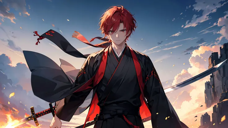 High image quality, A masterpiece for sensitive eyes, Delicate hands, Delicate Hair, ((masterpiece最High image quality)), Handsome man, 鋭いGolden Eyes, ((red)),((redい髪)), ((Golden Eyes)), Muscular, ((Waving a sword)), Wearing a disheveled black shirt，Black s...