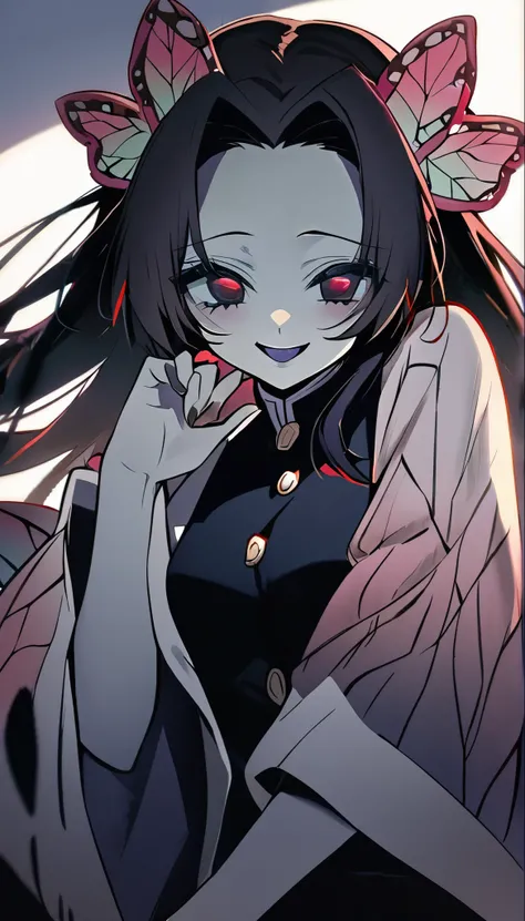 1girl, solo, kochou kanae, kimetsu no yaiba, demon, evil, evil side, black eyes, gray skin, demon eyes, black dress, smile, 