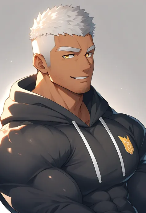 anime characters：Gyee, Young Muscle Sports Sexy Teacher, negro black skin, Manliness, male focus, long-sleeved hooded sweatshirt, Very tight, muscular male, muscular, only, Upper body,  White short hair, Thick eyebrows, stubble, Yellow eyes, Grey backgroun...