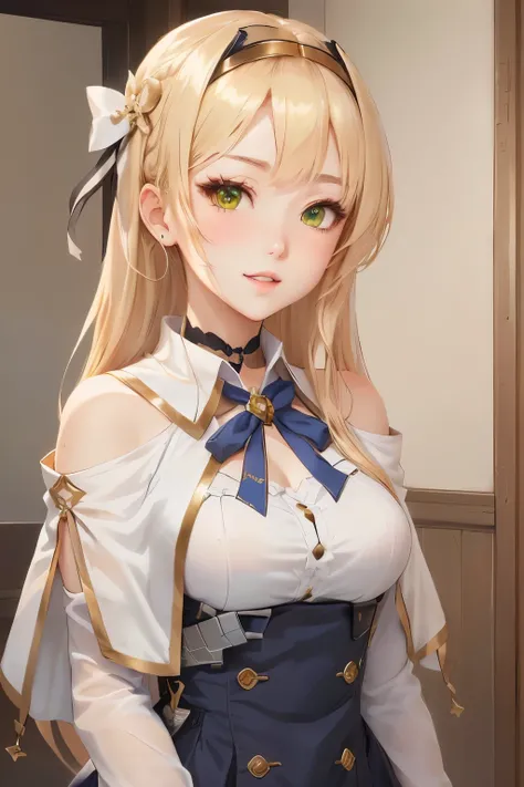 Anime girl with long blonde hair and green eyes in a white blouse, Ayaka Genshin Impact,  In a dress, Cute anime waifus wearing nice dress, From the Azur Lane video game, The finer details. Girls Frontline, from Girls Frontline, Cute girl anime visuals, ma...